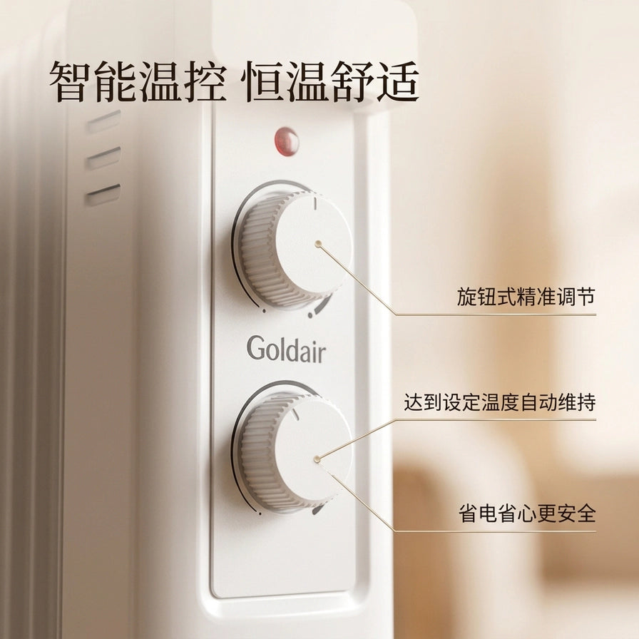 Goldair 暖风机温控面板近照，展示两个调节旋钮，配有中文标注：智能温控、恒温舒适、旋钮式精准调节。