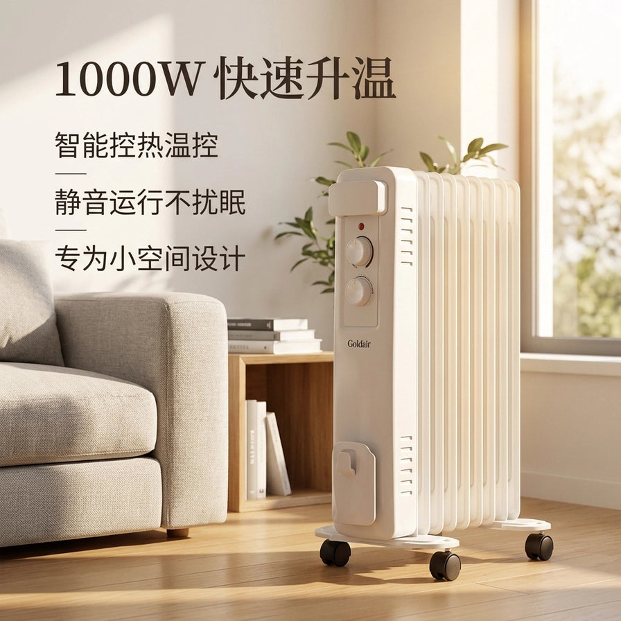 在温馨客厅场景中的 Goldair 暖风机，配有中文说明文字：1000W 快速升温、智能控热温控、静音运行、专为小空间设计。
