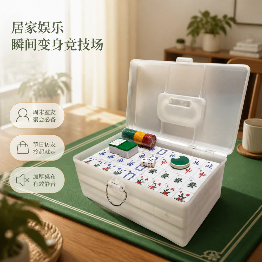 客厅场景中的手提箱绿色麻将套装放在加厚桌布上，左侧有“居家娱乐”“加厚桌布有效静音”等说明文字