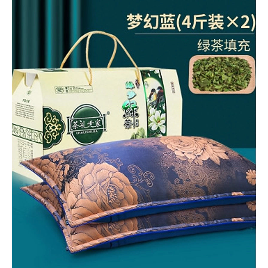 茶礼世家绿茶枕展示，右上角展示天然绿茶填充物细节，配有“梦幻蓝”和“绿茶填充”文字说明。