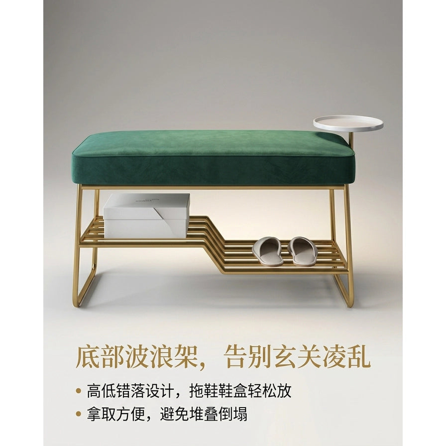 墨绿色换鞋凳场景展示图，底部波浪架上放置鞋盒与拖鞋，图片下方配有中文卖点说明文字。