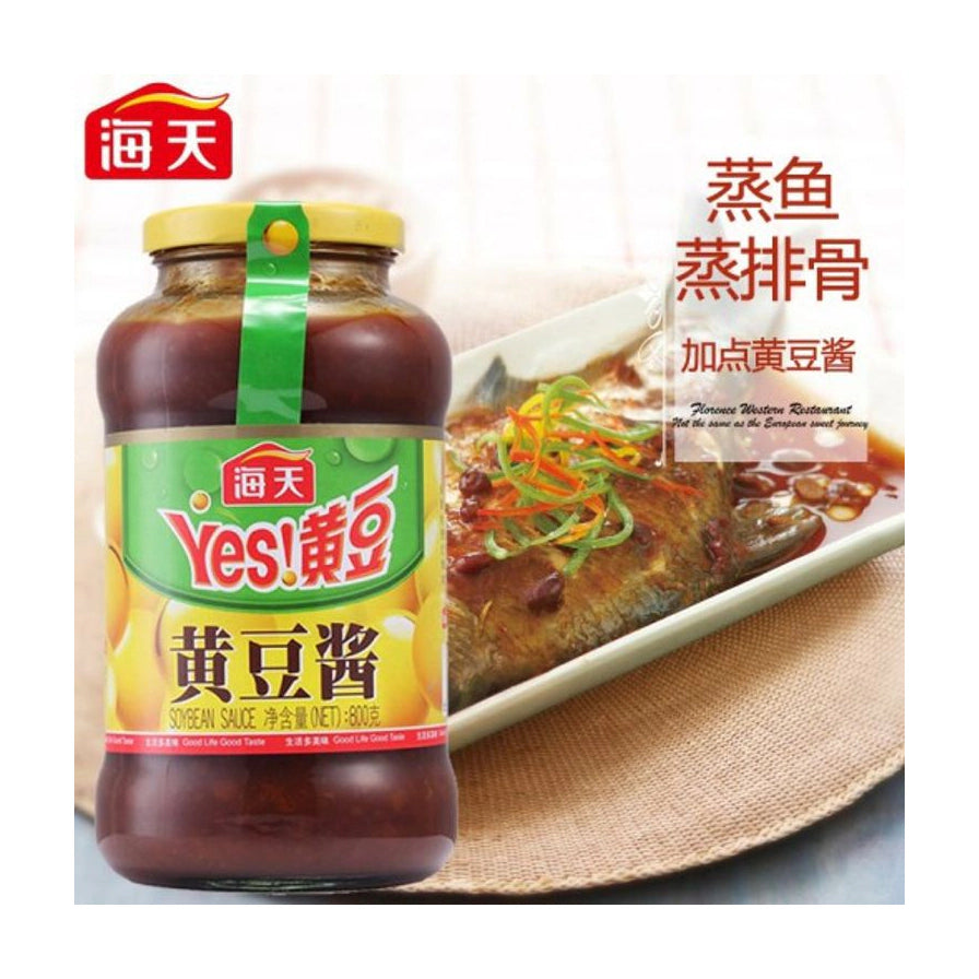 海天黄豆酱瓶装与蒸鱼菜肴展示，配有蒸鱼蒸排骨加点黄豆酱的文字说明。