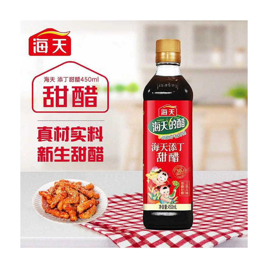 海天添丁甜醋展示图，左侧配有糖醋里脊菜肴，背景带有“真材实料、新生甜醋”宣传文字。