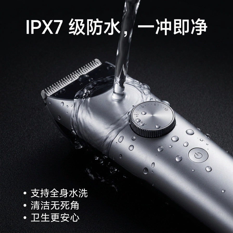 理发器 IPX7 级防水功能演示，水流冲洗机身，配有中文说明文字。