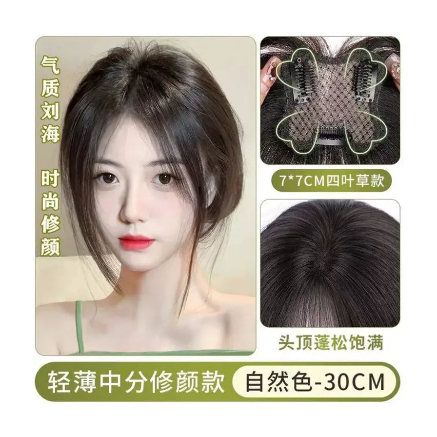 模特佩戴自然色假发片正面效果，展示四叶草底网结构及头顶蓬松饱满的修颜效果。