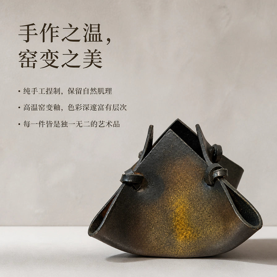 日式窑变花瓶特写，配有“手作之温，窑变之美”文字说明，强调纯手工捏制与高温窑变釉工艺。
