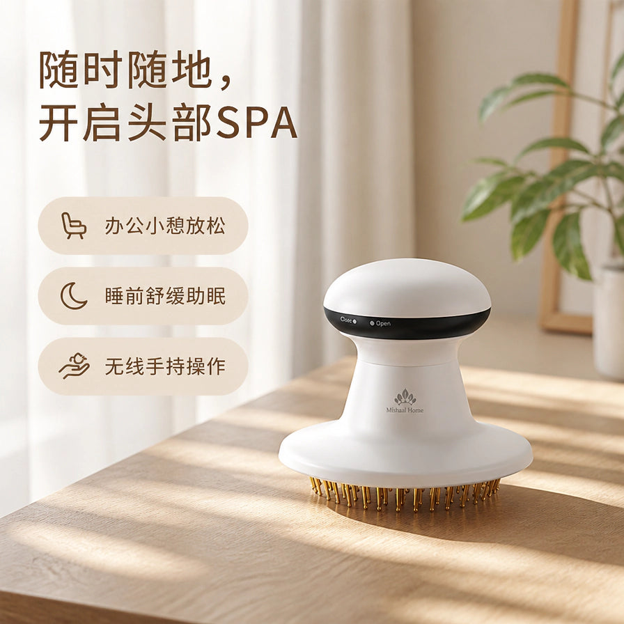 放置在木质桌面上的头部按摩器，背景为明亮的室内窗边，左侧带有中文标签：随时随地开启头部SPA、办公小憩放松、睡前舒缓助眠、无线手持操作。