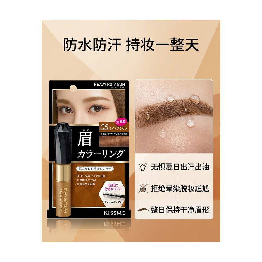 防水防汗持妆一整天营销海报，展示产品包装及眉毛遇水珠不脱妆细节，配有中文卖点说明。