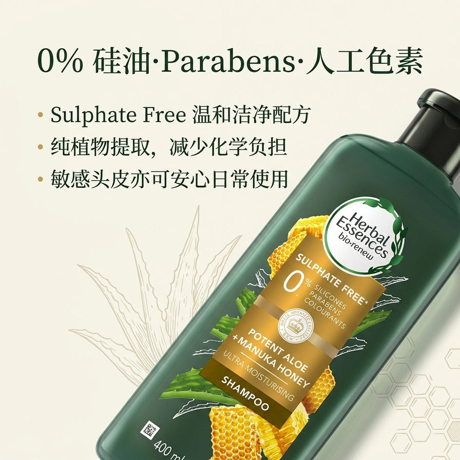 Herbal Essences 产品成分特写图，展示 0% 添加承诺及中文安全说明文字