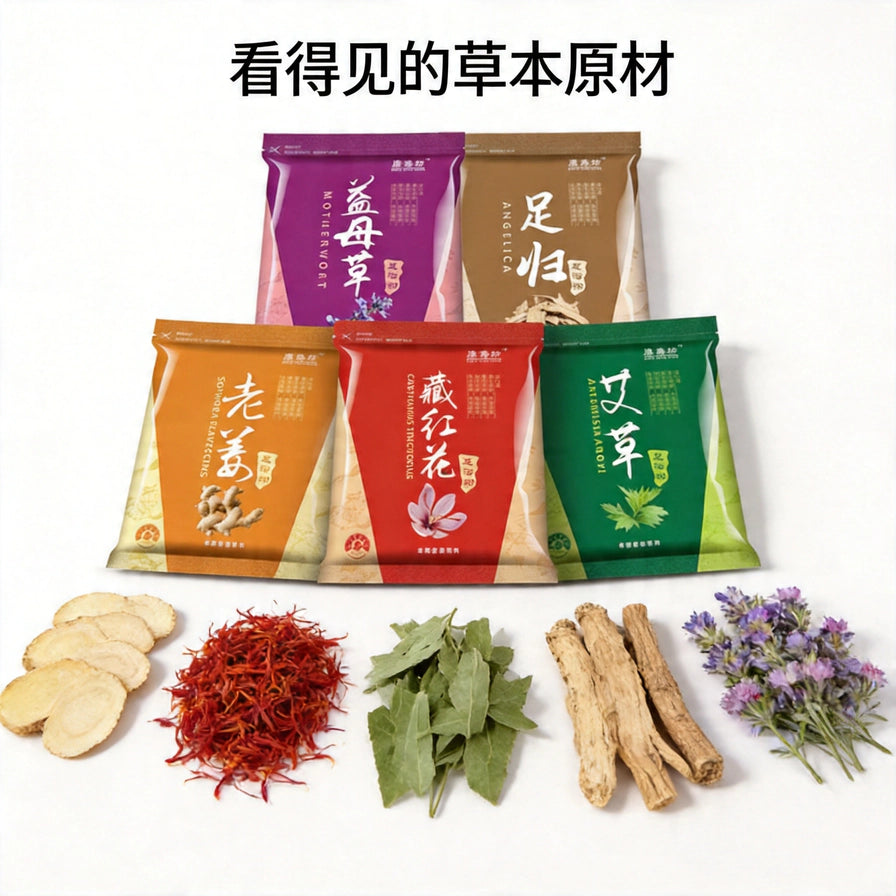 五款足浴粉包装袋前方平铺展示对应的干燥草本原材料，上方有中文标题说明真材实料。