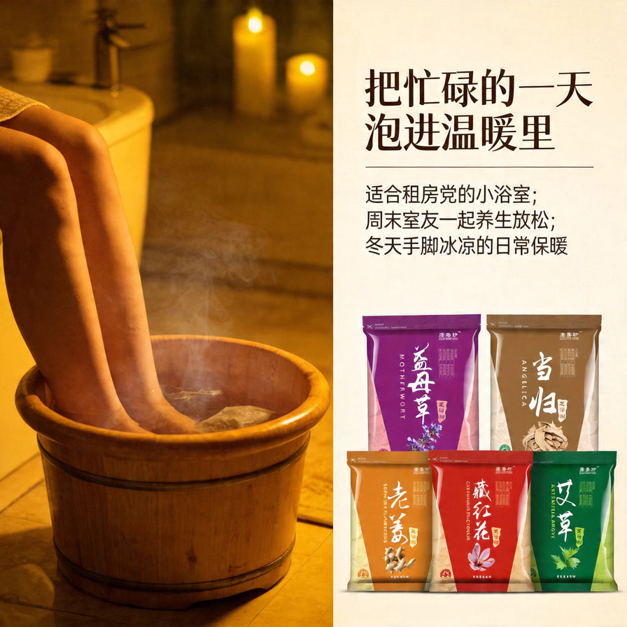 双脚浸泡在冒着热气的木质泡脚桶中，右侧展示产品组合图，配有中文场景描述文案。