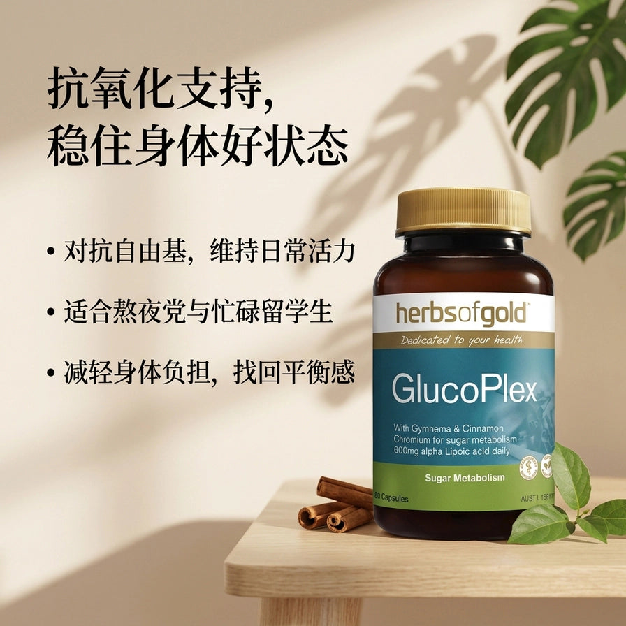 木质桌面上的GlucoPlex瓶装产品，配有肉桂装饰，左侧带有抗氧化支持、适合熬夜党等中文说明文字。