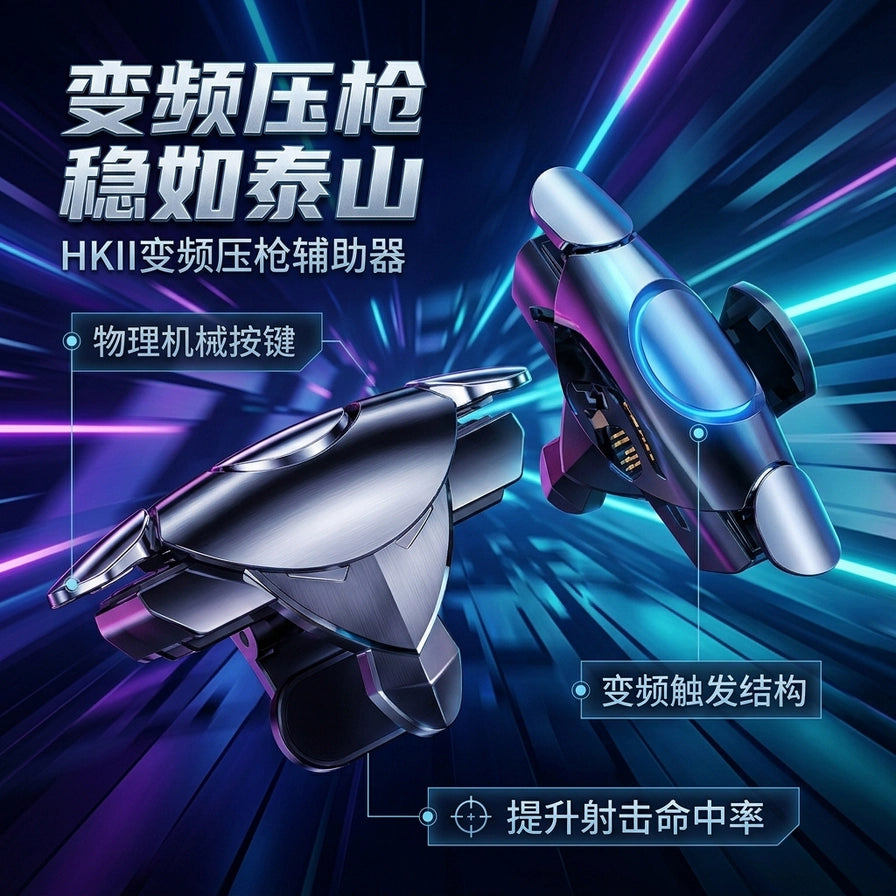 HKII 变频压枪辅助器海报，包含“物理机械按键”、“变频触发结构”及“提升射击命中率”等中文说明，背景为科技感光效。