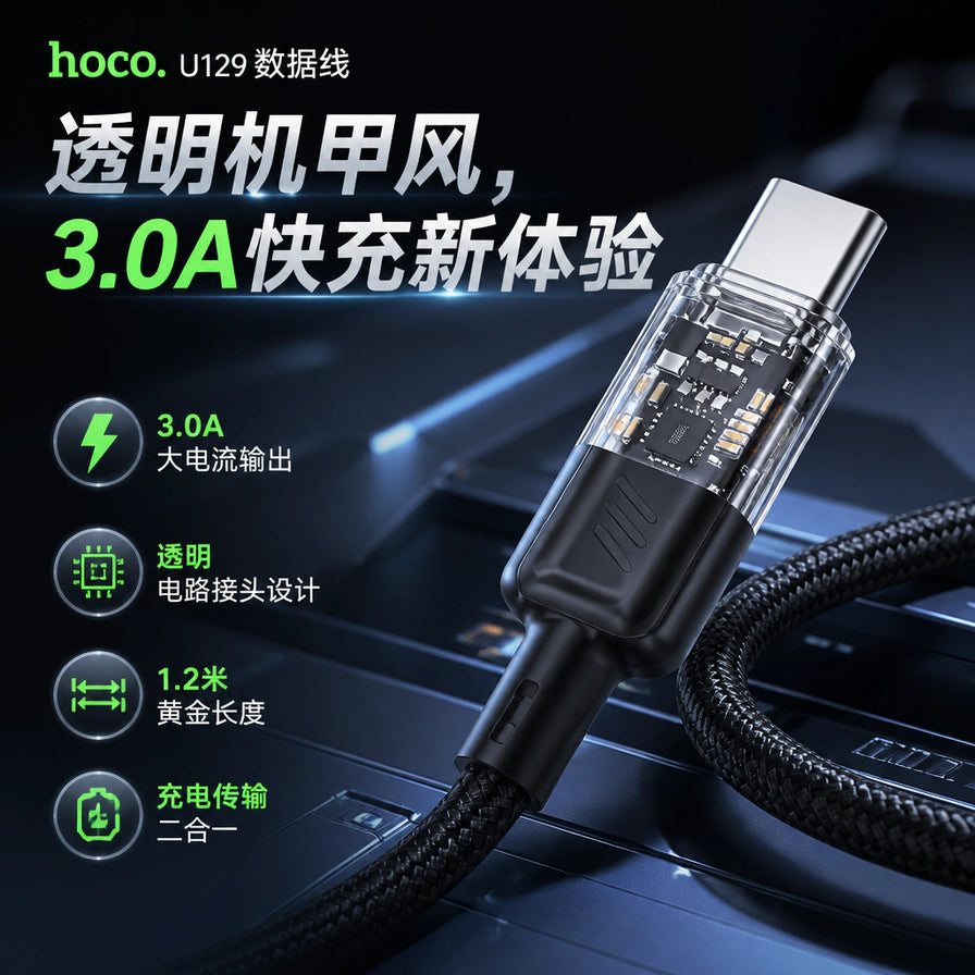 hoco. U129 数据线特写，展示透明电路接头设计和黑色编织线身，配有3.0A大电流输出、1.2米长度等中文卖点说明。