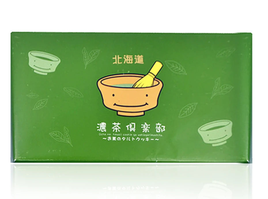 抹茶风味曲奇饼干包装截图，展示绿色主题设计和产品详细信息。