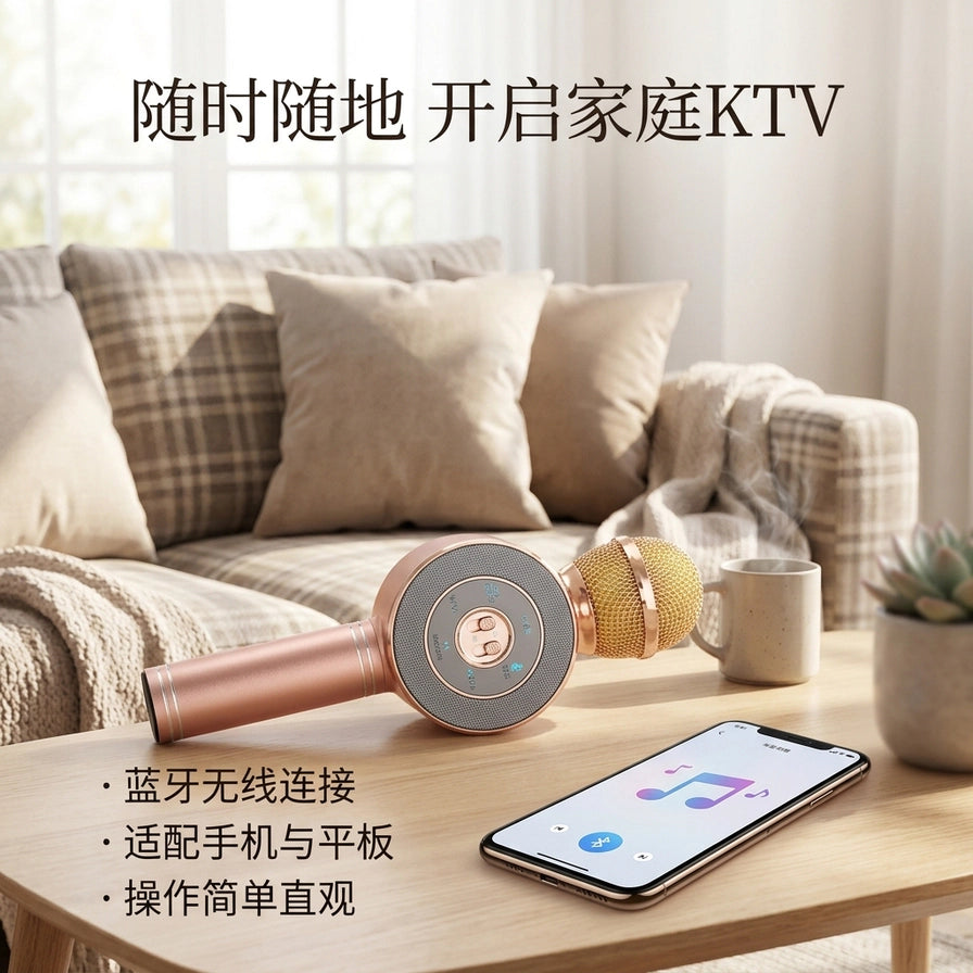 室内家庭娱乐场景，玫瑰金麦克风与播放音乐的手机并排放在茶几上，带有“随时随地开启家庭KTV”中文标题。