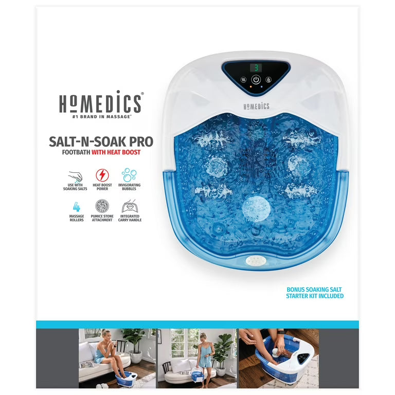 Homedics Salt - N - Soak Pro 足浴盆产品宣传图，包含功能图标说明及底部多场景使用演示照片。