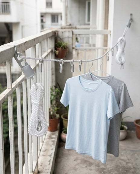 晾衣绳使用场景示意图，展示衣架卡在防滑挂位上防止滑动，配有中文功能说明标注