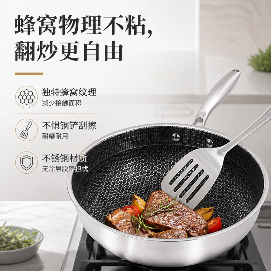 在燃气灶上烹饪牛排的蜂窝不锈钢煎锅，配有金属铲，文字说明其物理不粘和耐刮擦特性。