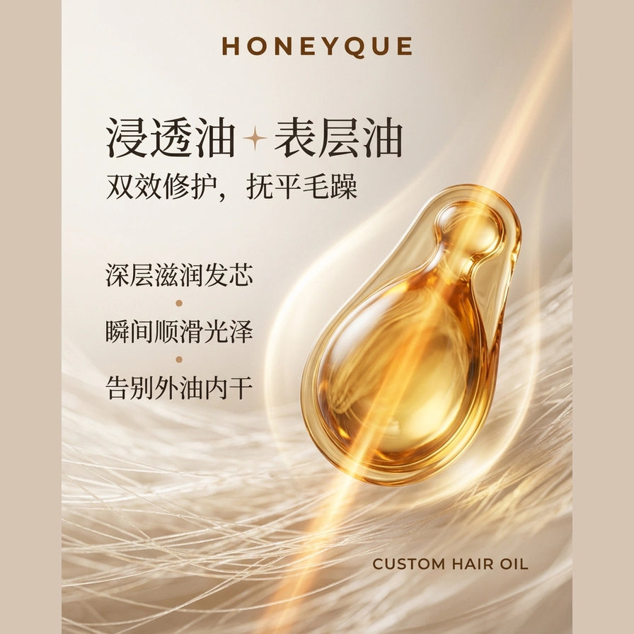 金色护发精油胶囊特写置于发丝背景上，配有中文说明强调深层滋润与抚平毛躁功效。