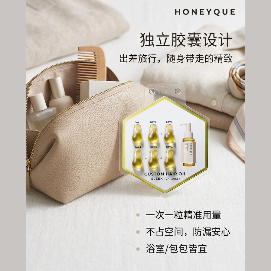 护发油胶囊包装放置于米色洗漱包旁，配有中文文案说明独立胶囊设计便于旅行携带。