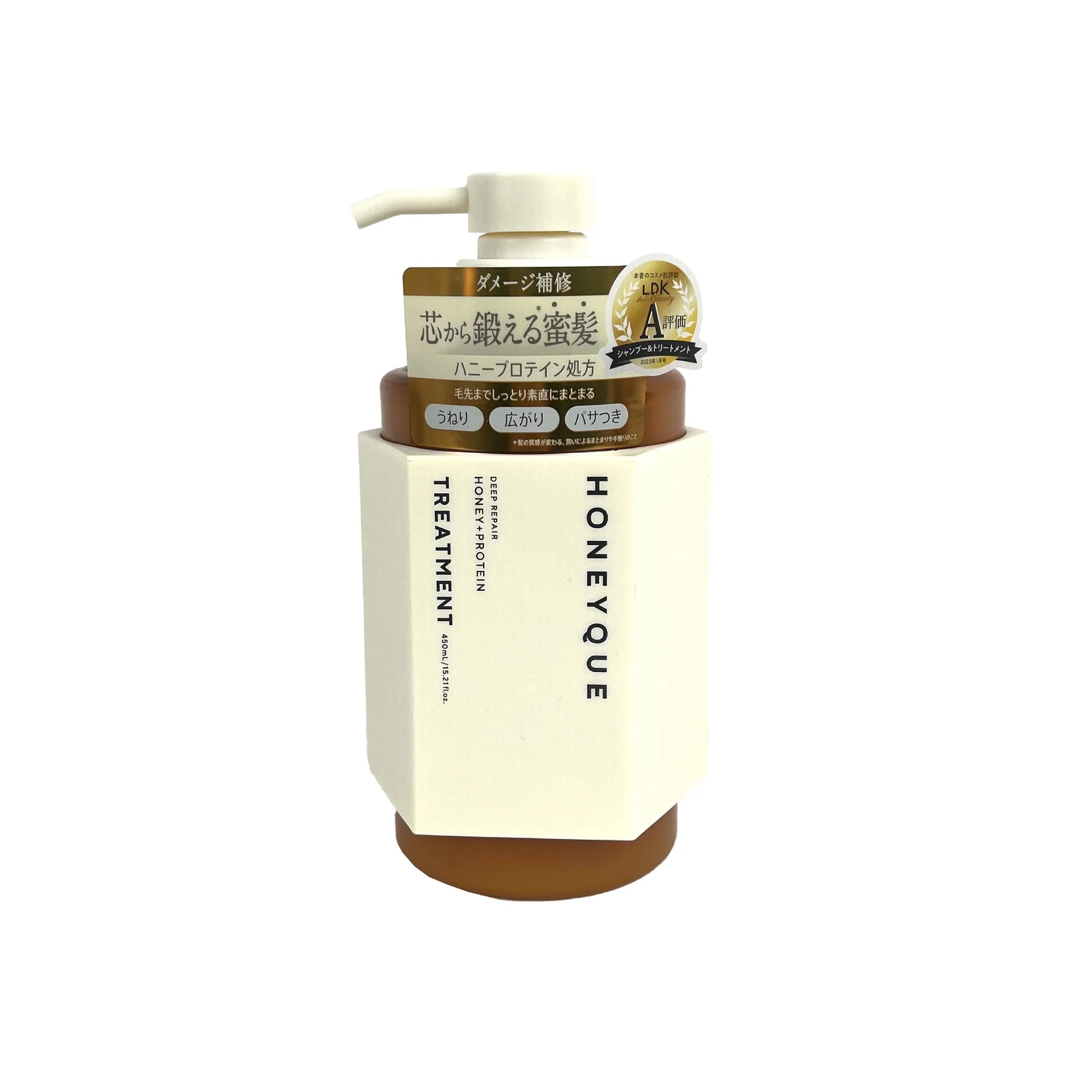 HONEYQUE 护发素单瓶特写，瓶身贴有日文功效说明贴纸及 LDK A 级评测认证角标。