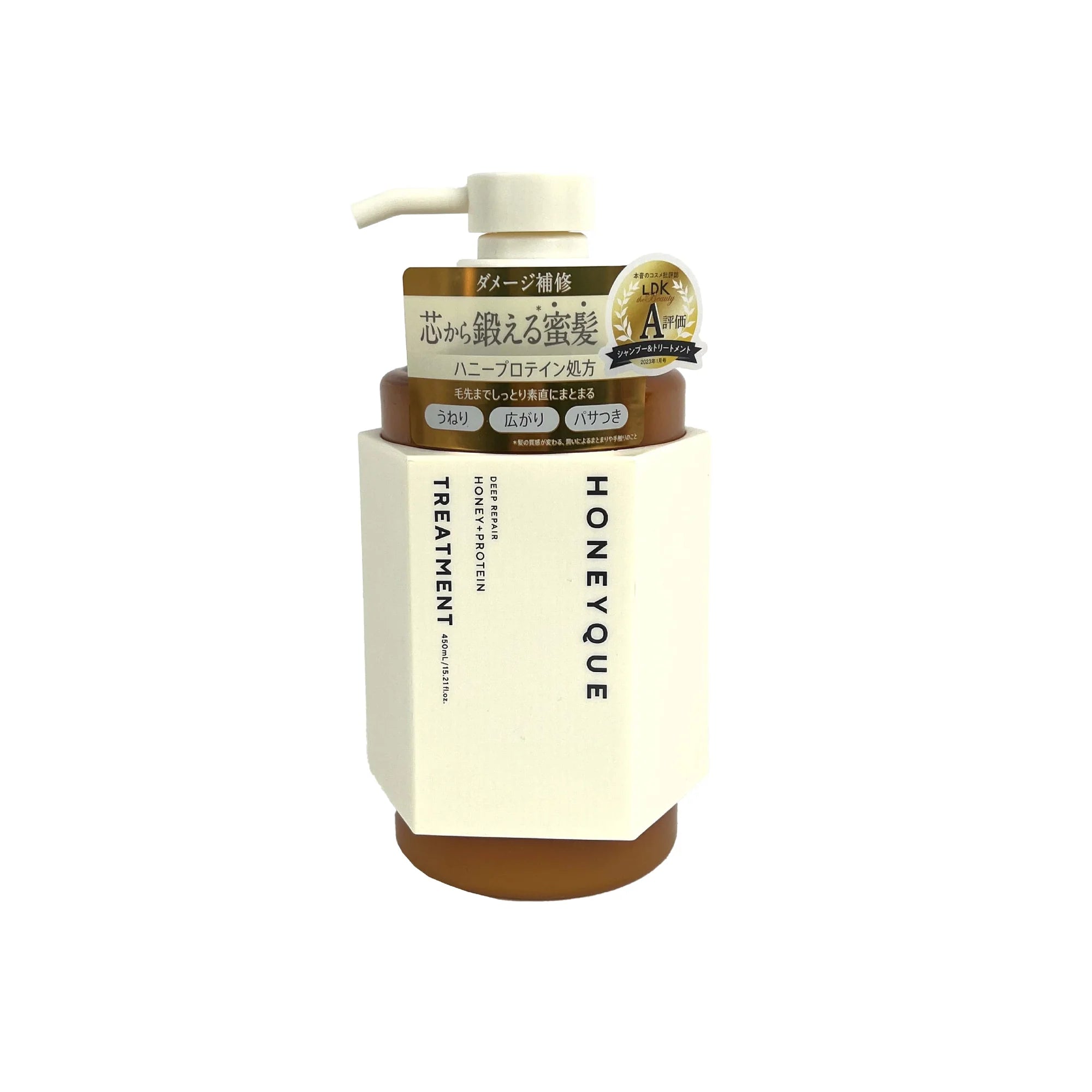 HONEYQUE 护发素单瓶特写，瓶身贴有日文功效说明贴纸及 LDK A 级评测认证角标。