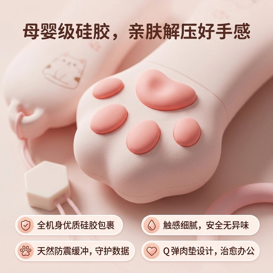 HP 惠普萌宠猫爪 U 盘特写，展示 Q 弹肉垫设计与母婴级硅胶材质，具备防震缓冲功能。