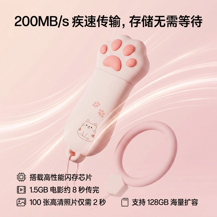 HP 惠普萌宠猫爪 U 盘性能展示图，强调 200MB/s 疾速传输、支持 128GB 海量扩容。
