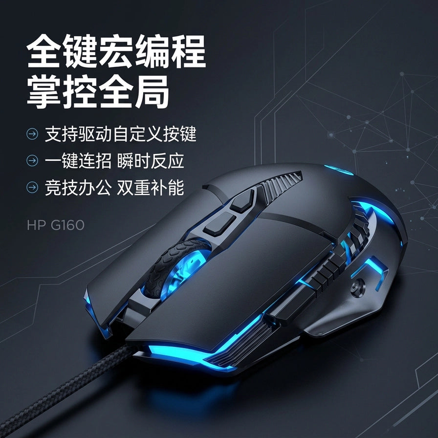 HP惠普G160鼠标卖点图，展示全键宏编程功能，支持驱动自定义按键，适合竞技办公双重用途。