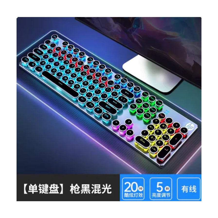 HP 惠普机械键盘在桌面环境下的俯视图，展示 20 种酷炫灯效、5 档亮度调节及有线连接模式，底部带有中文卖点说明。