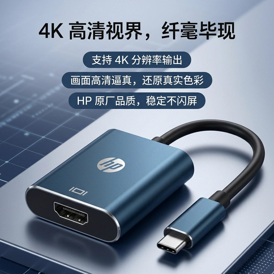 HP 惠普转换器放置在办公桌面上，背景带有 4K 高清视界、支持 4K 分辨率输出等中文卖点说明。