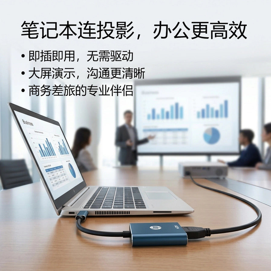 办公场景演示，笔记本电脑通过 HP 转换器连接投影仪进行大屏演示，配有笔记本连投影办公更高效文字。