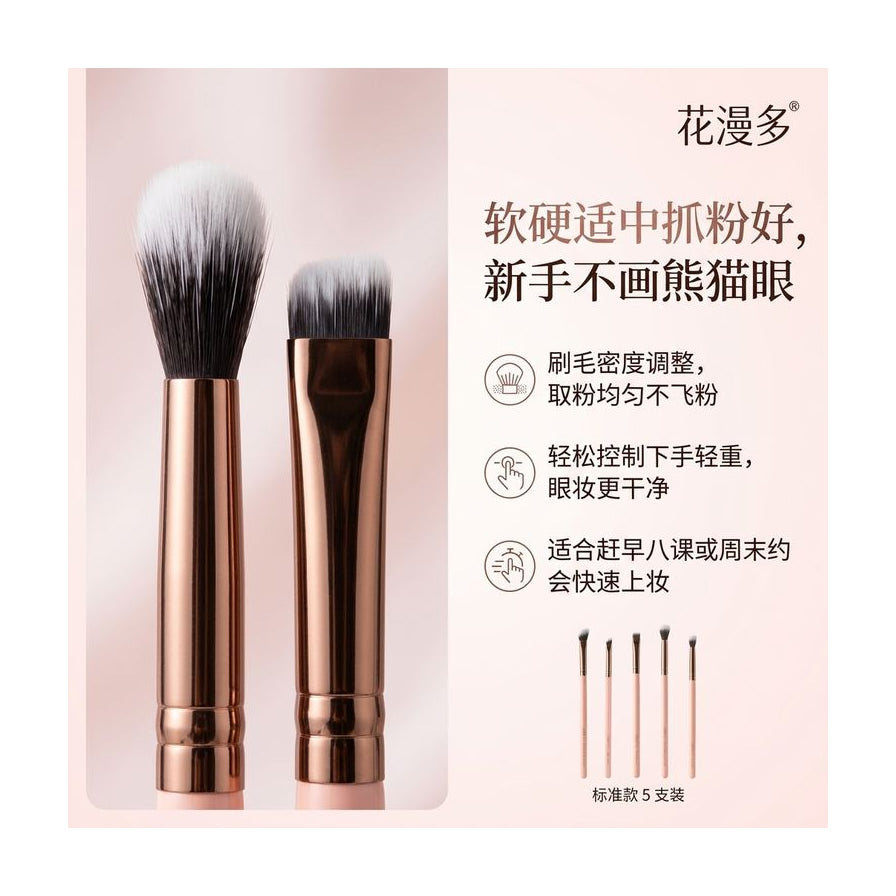 花漫多眼妆刷卖点海报，中文文案强调软硬适中抓粉好，新手不画熊猫眼。