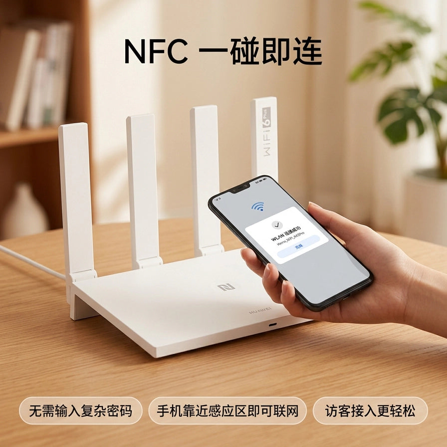 华为 AX3 Pro (New) 路由器 NFC 一碰即连功能演示，手机靠近路由器顶部感应区即可快速联网。