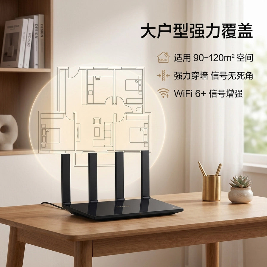 华为 AX6 New 路由器放置在木质书桌上，上方悬浮显示大户型强力覆盖的户型图及信号增强说明。