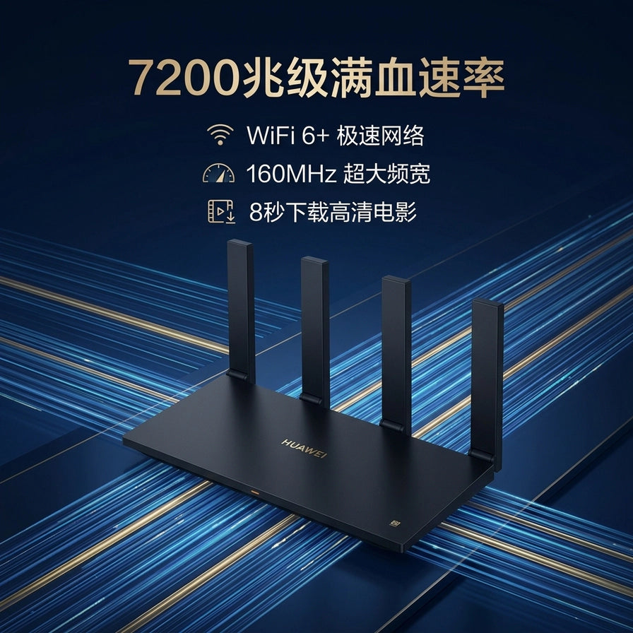 华为 AX6 New 路由器斜侧视角展示，背景带有 7200兆级满血速率、160MHz 超大频宽等科技感卖点文字。