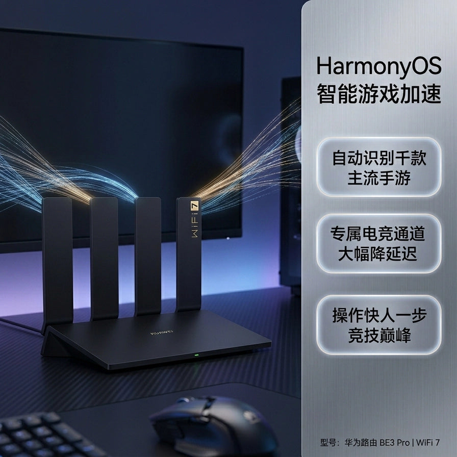 华为路由 BE3 Pro 2.5G 高配版在电竞环境下的展示，强调 HarmonyOS 智能游戏加速功能。