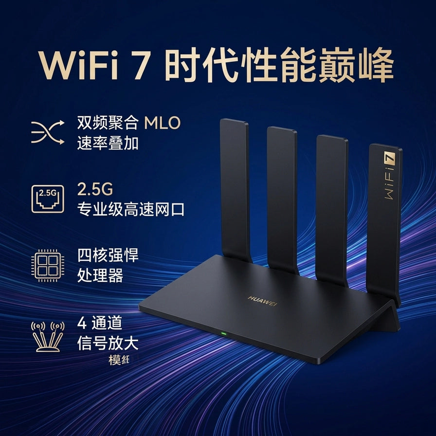 华为路由 BE3 Pro 2.5G 高配版性能海报，列出 WiFi 7 时代性能巅峰、2.5G 网口及四核处理器。