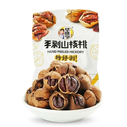 华味亨手剥山核桃电商说明图，展示易剥壳设计与香脆果仁，适合学习熬夜场景