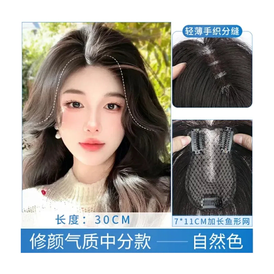模特佩戴自然色假发补发块展示，含网底卡扣细节及中文尺寸说明。