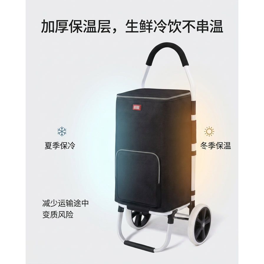 带有中文说明的营销图，展示购物车加厚保温层功能，标注夏季保冷与冬季保温效果。