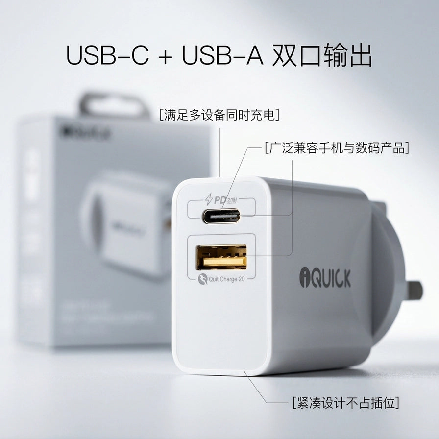 iQUICK 20W PD 快充充电器接口近景，展示 USB - C + USB - A 双口输出，并带有中文标注：满足多设备同时充电、广泛兼容手机与数码产品、紧凑设计不占插位。
