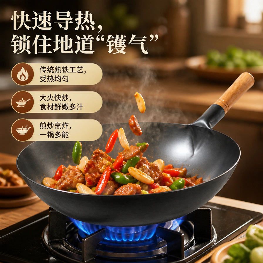 正在燃气灶上烹饪的熟铁炒锅，火候十足，配有快速导热、锁住镬气等中文卖点说明。