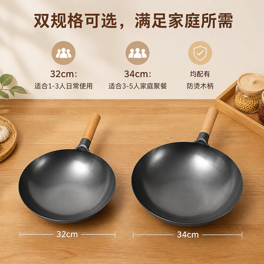 32cm与34cm两种规格的炒锅对比图，配有适用人数及防烫木柄的中文规格说明。