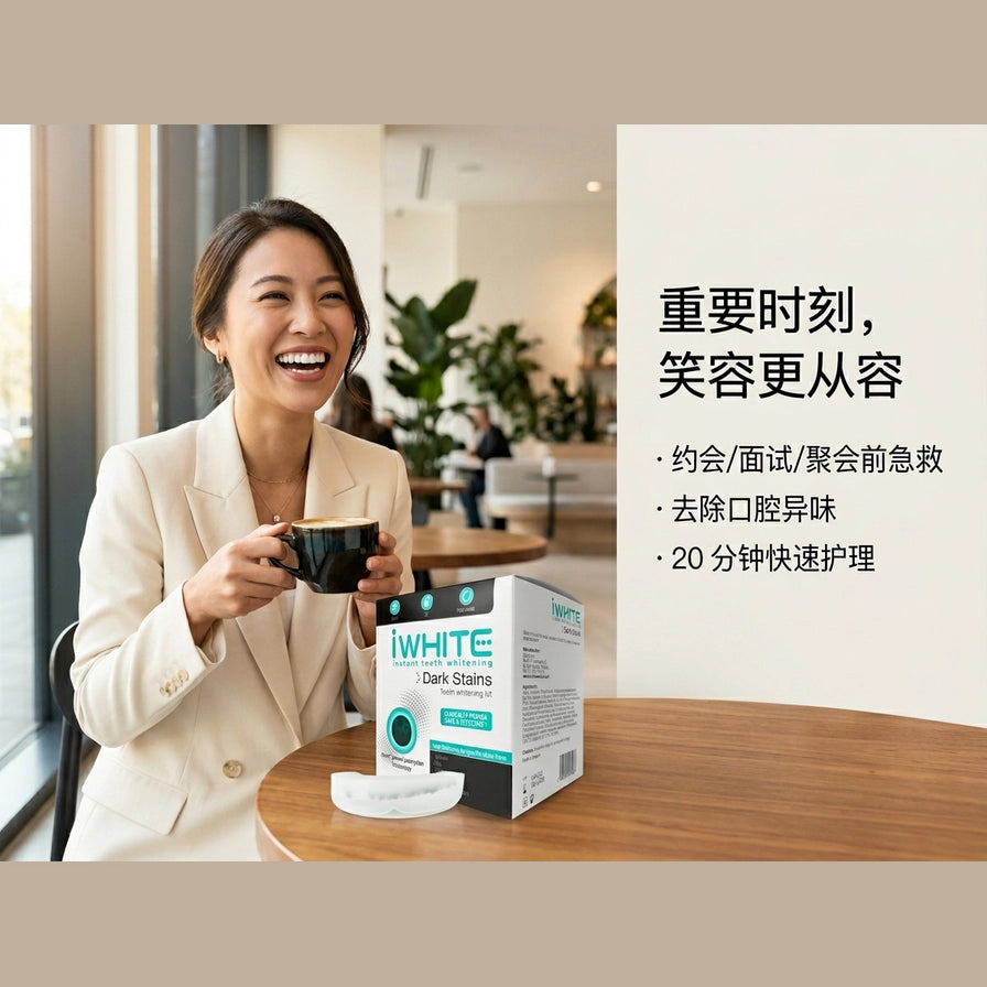 女性在咖啡馆使用 iWhite 牙齿美白套装的场景图，右侧配有中文急救护理文案。
