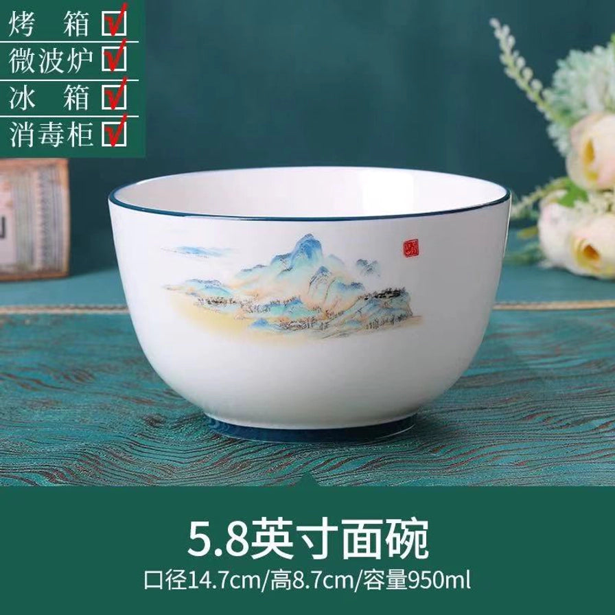 日式山水画陶瓷面碗，配有文字说明显示其适用于烤箱、微波炉、冰箱和消毒柜，并标注5.8英寸大容量规格。