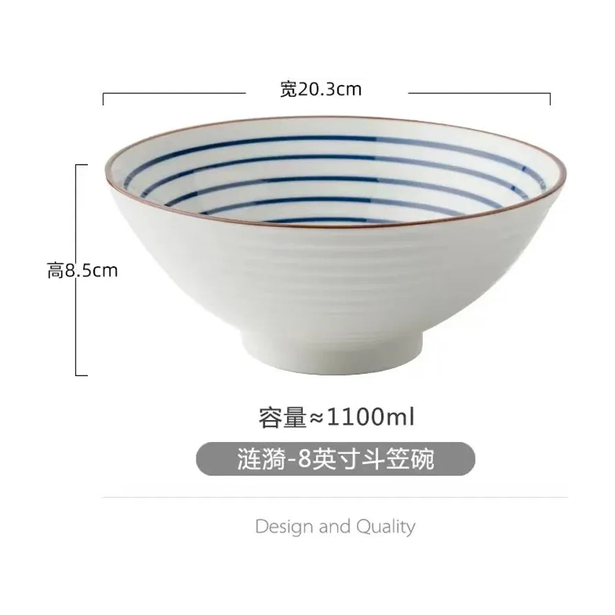 日式和风8英寸陶瓷斗笠碗，涟漪纹样，标注宽度20.3cm，高度8.5cm，容量约1100ml。