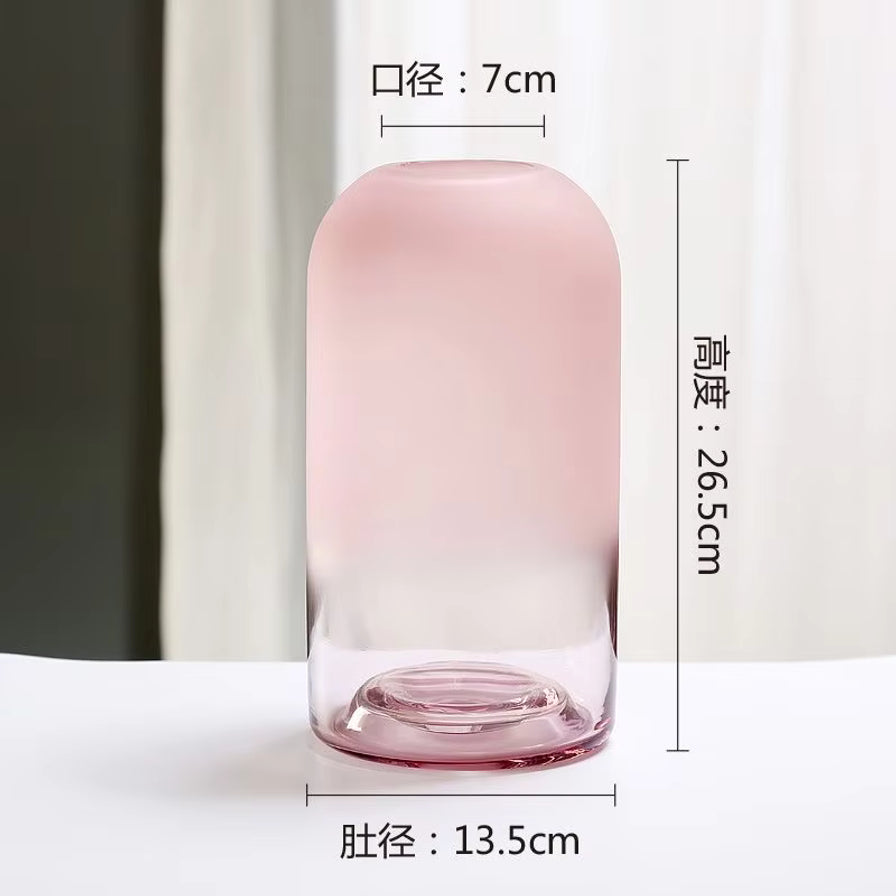 日式龙蛋花瓶大号规格图，标注高度26.5cm，口径7cm，肚径13.5cm，粉色磨砂渐变质感。