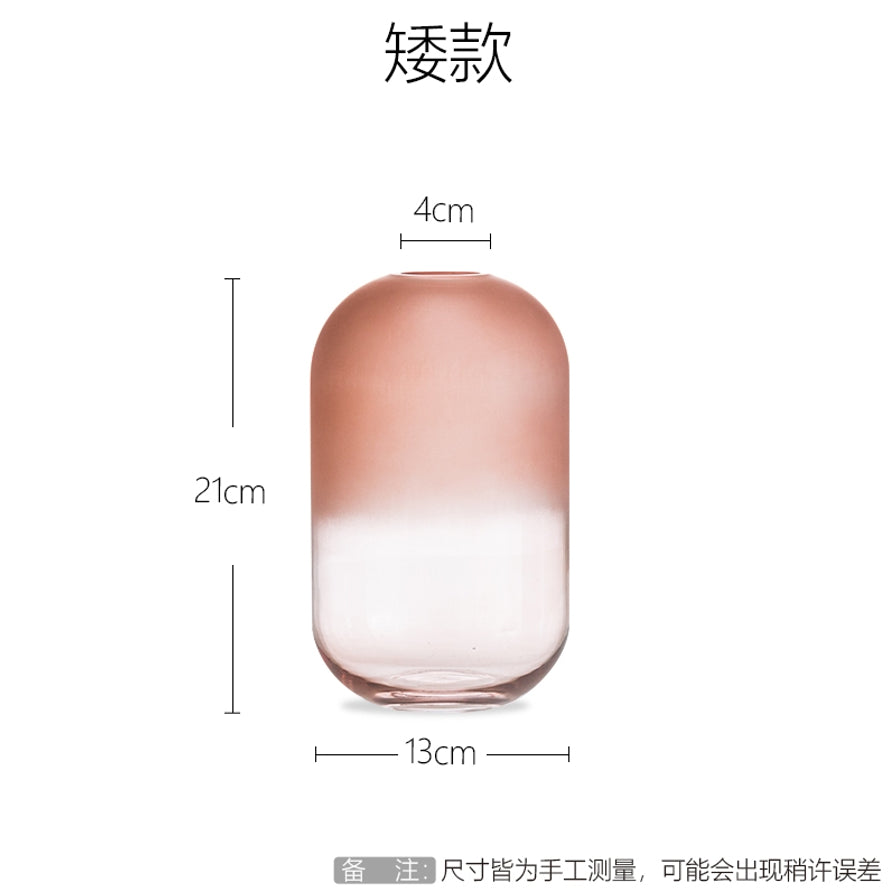 日式龙蛋花瓶小号规格图，标注高度21cm，口径4cm，肚径13cm，粉色磨砂渐变质感。